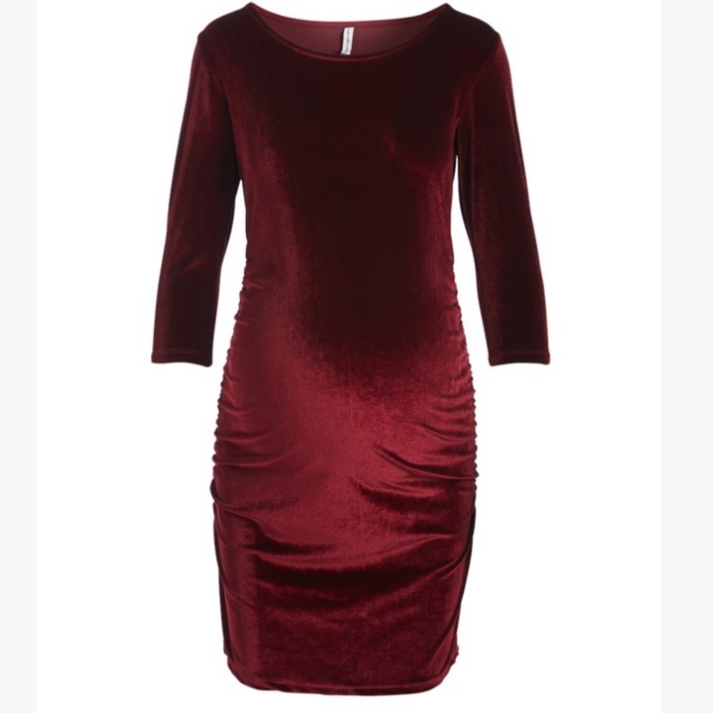 Wine Velvet Side-Ruched Maternity 3/4 Sleeves